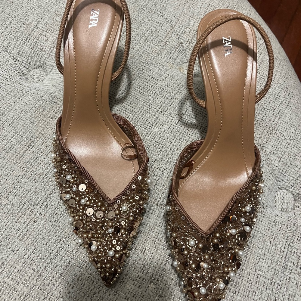Zara Women's Embellished Tan Heels